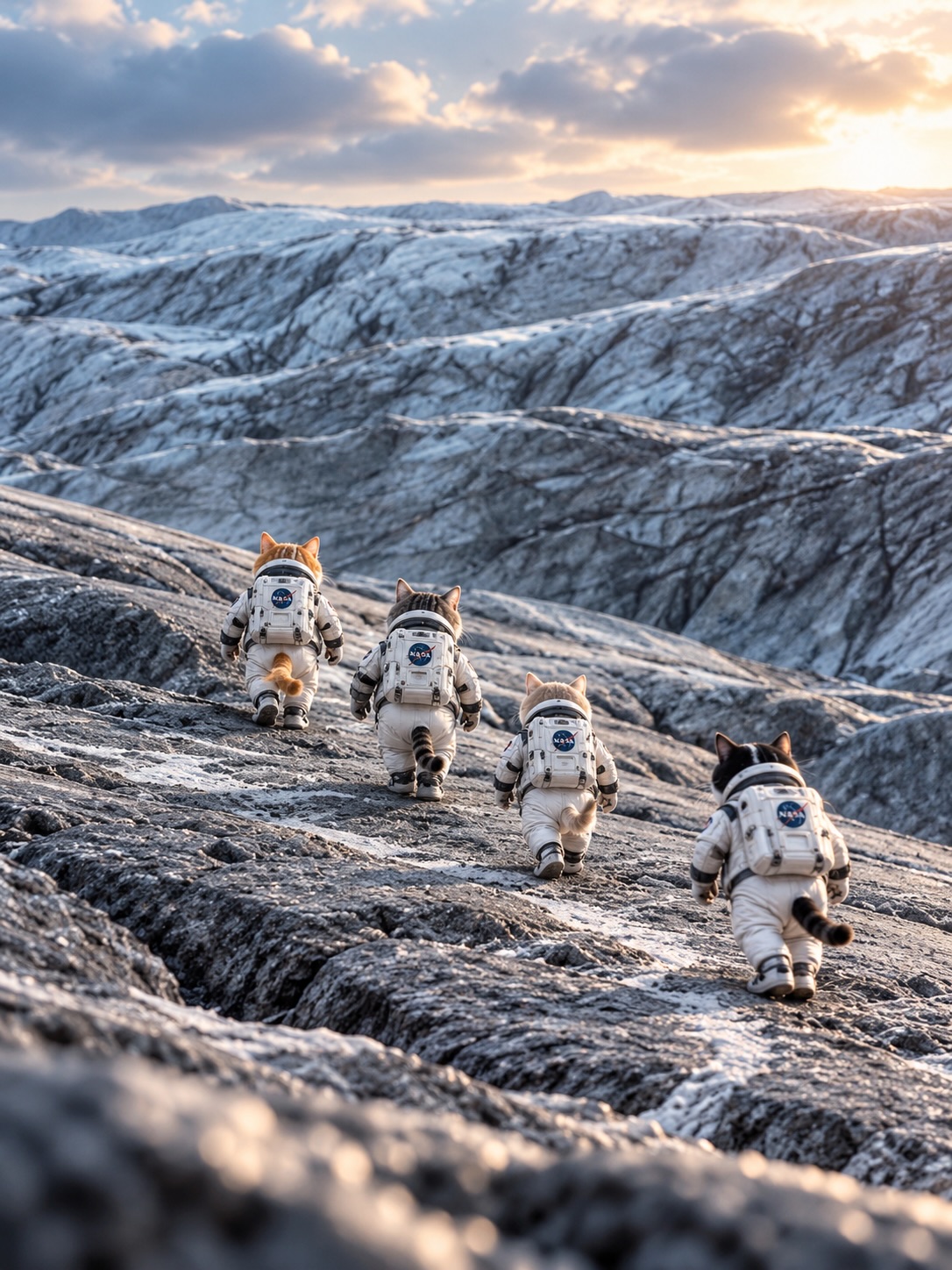 Four kittens in white packs climb a pale, broken mountain at golden hour.