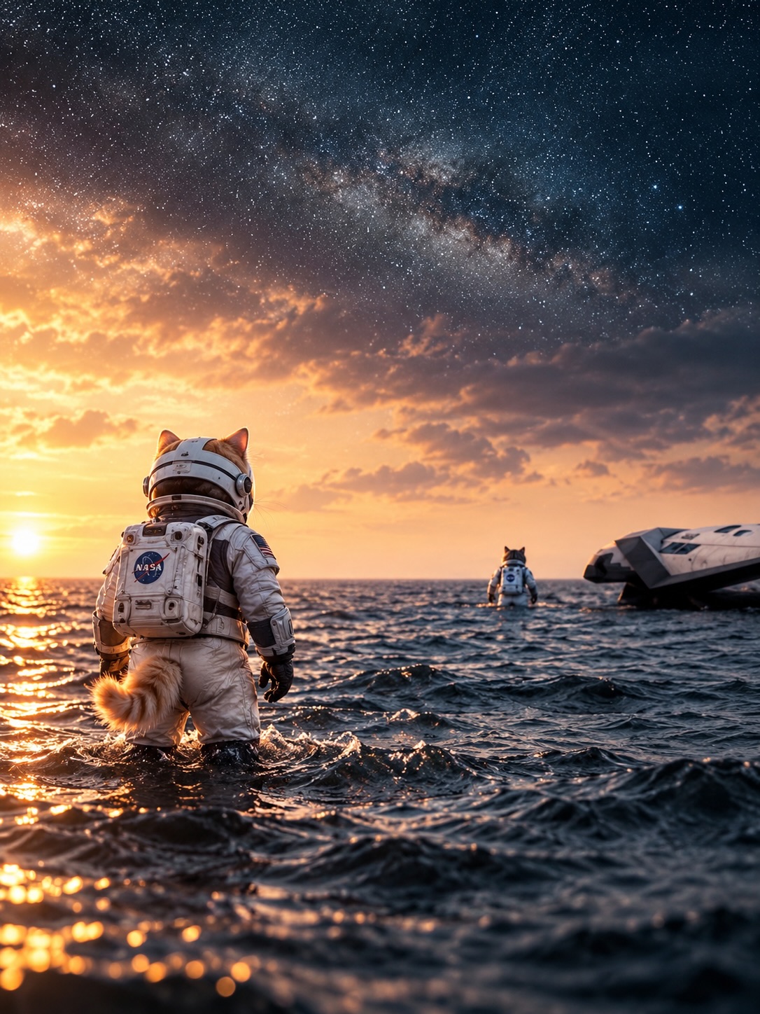 A suited cat stands in the sea at sunset, another figure and a hull farther out, the Milky Way above.