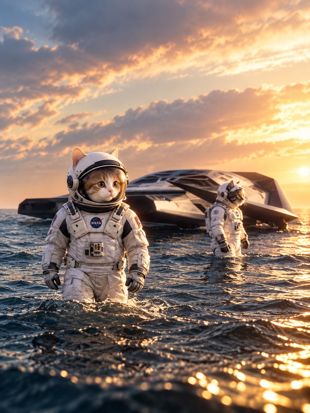 An orange-and-white kitten in a white suit stands in open water at sunset, a dark craft behind.
