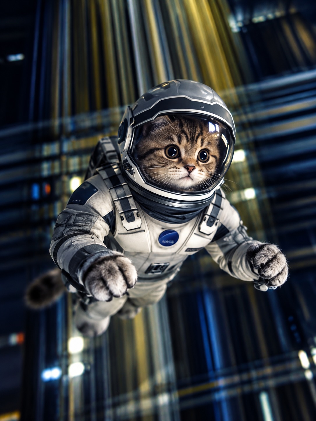 A tabby in a flight suit reaches forward through a vertical shaft of city light.